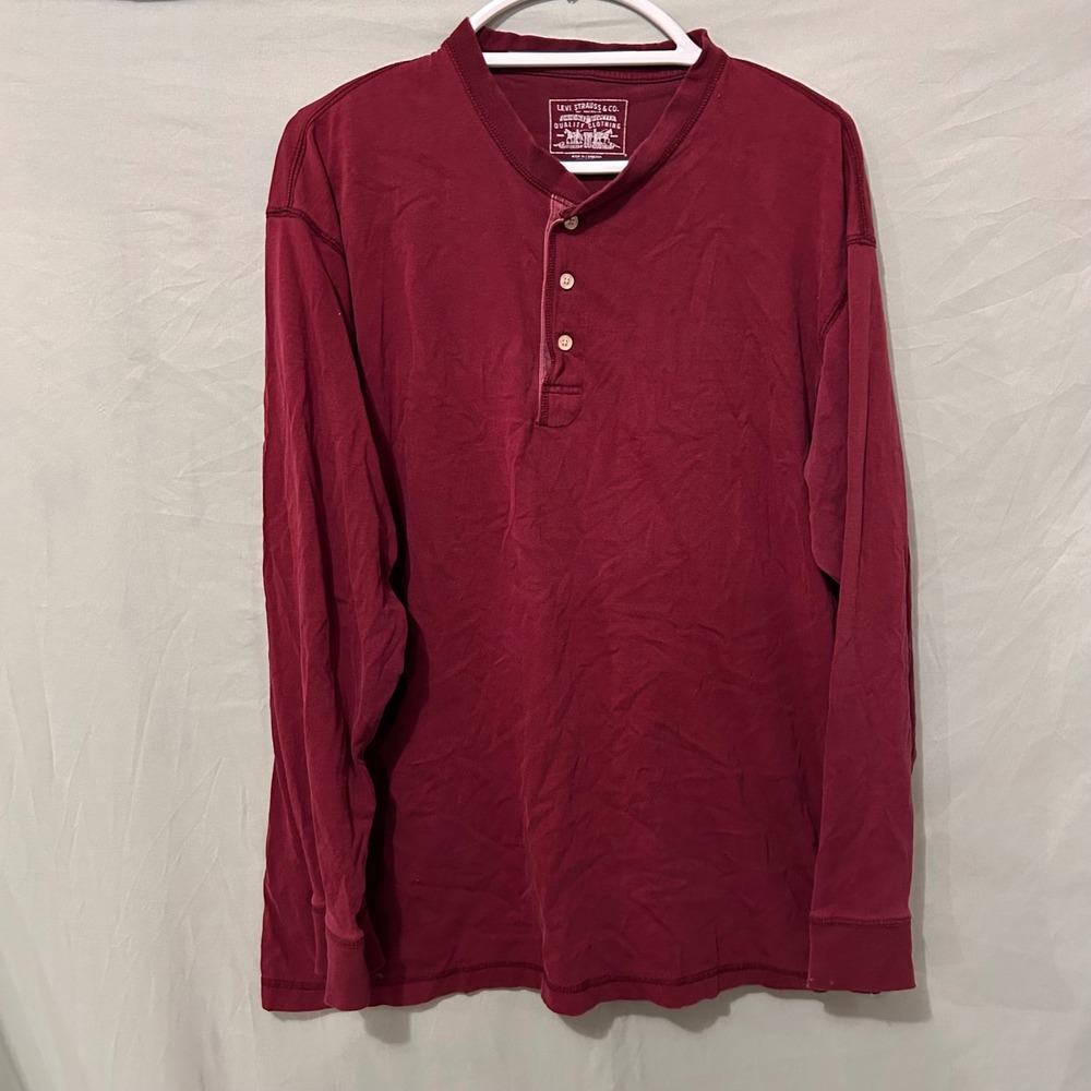 Levi Strauss & Co Mens Large Burgundy Long Sleeve Henley Cotton Shirt Maroon